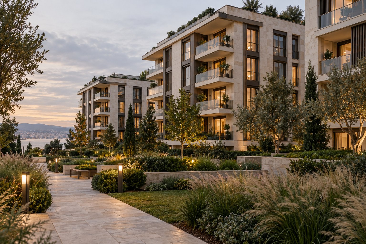 Modern apartmanlar ve peyzajlı ortak alan — temsili mimari görsel